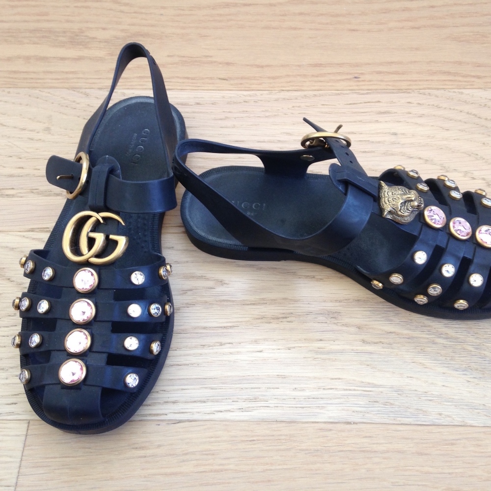 Gucci Black Rubber Crystal Sandals